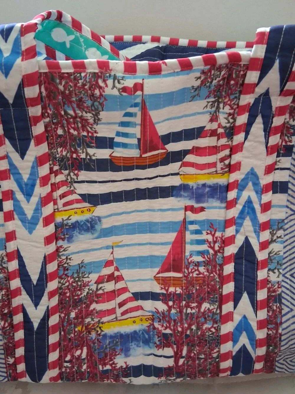 ANTICA SARTORA ITALY QUILTED TOTE BAG Boat SCENE PRINT COTTON NWT